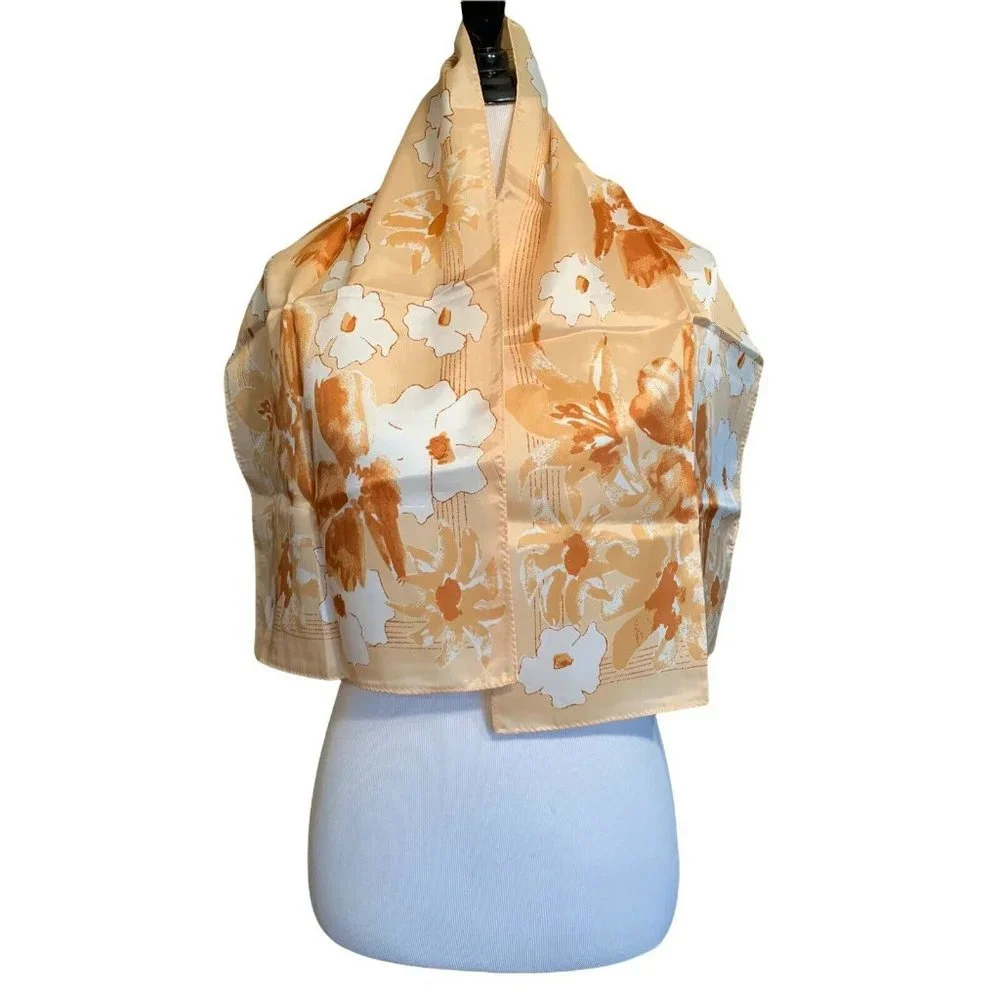 Vintage Vera‎ Floral Scarf Poppies Cream Tan Gold Brown 14
